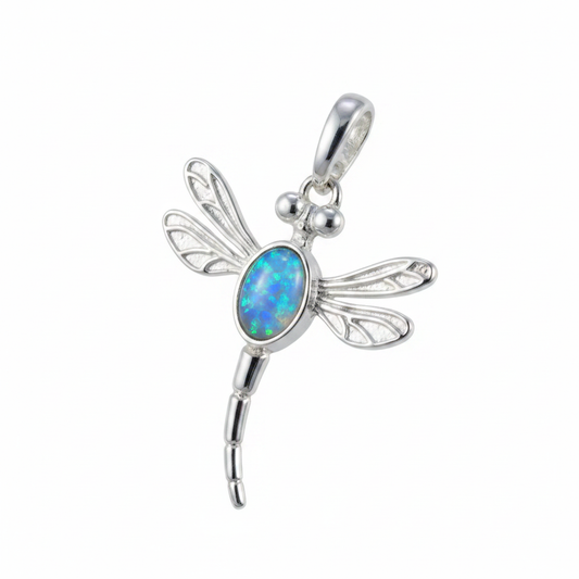 Silver 925 dragonfly memorial pendant with blue opal flakes, white background
