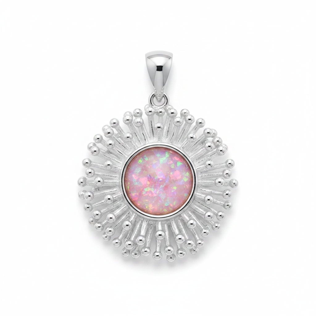 Silver 925 starburst memorial pendant with pink opal flakes, white background