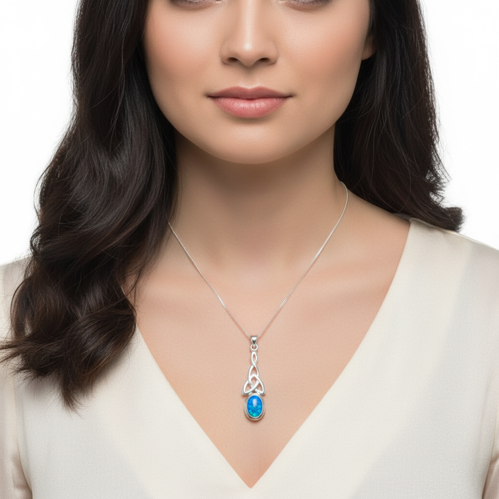 Model wearing silver 925 Celtic triquetra drop memorial pendant at true 30x11mm scale