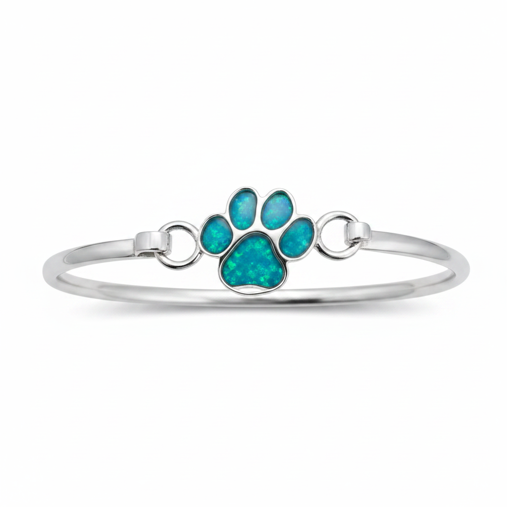 925 silver paw print hook clasp bangle with blue teal opal resin in paw print bezel, white background