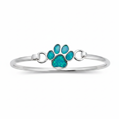 925 silver paw print hook clasp bangle with blue teal opal resin in paw print bezel, white background