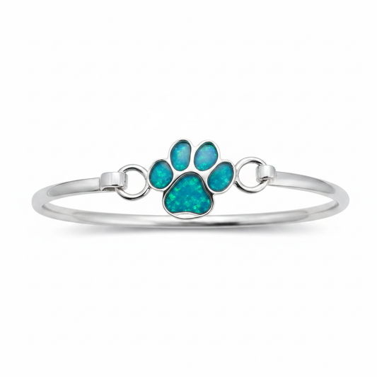 925 silver paw print hook clasp bangle with blue teal opal resin in paw print bezel, white background