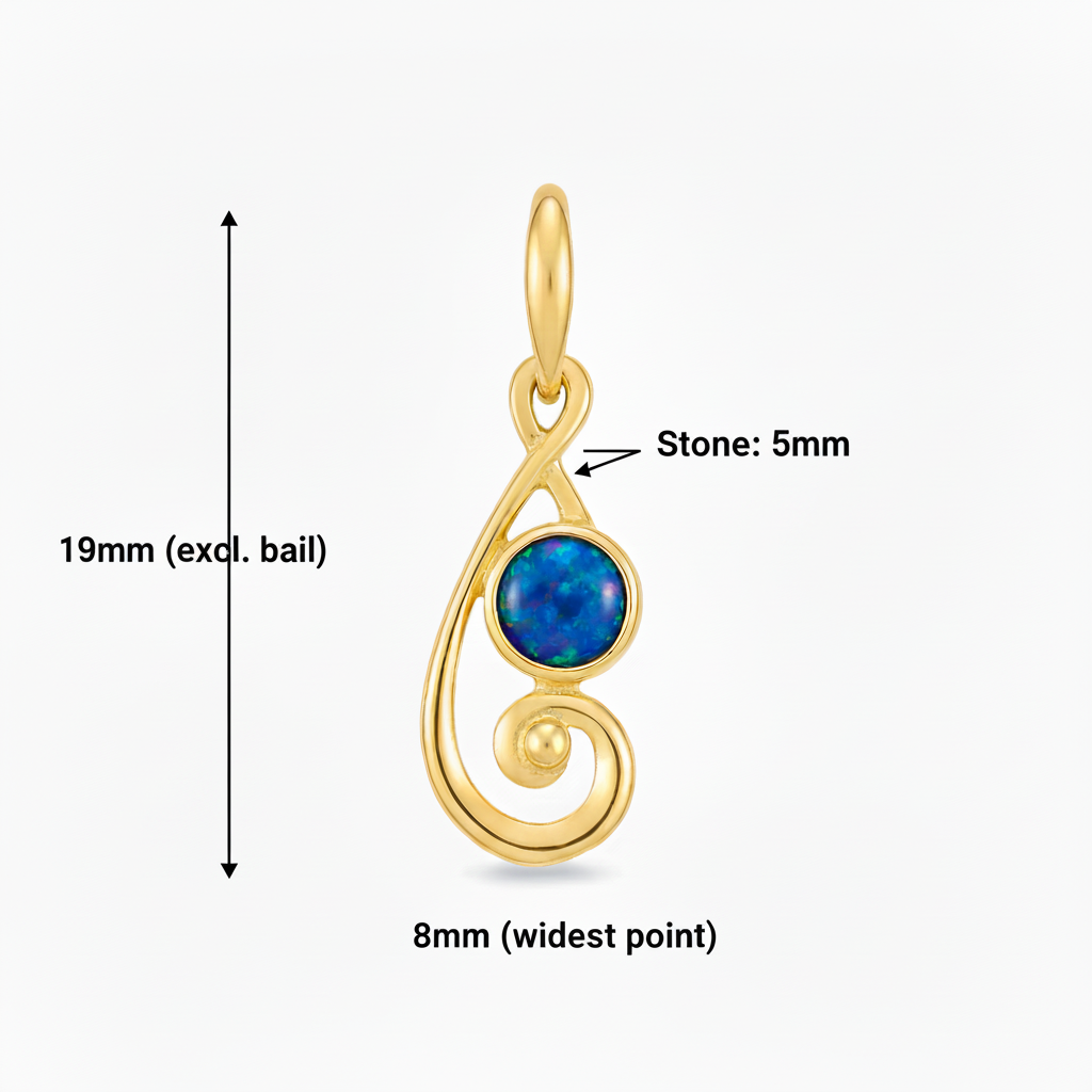 9ct gold swirling scroll memorial pendant size guide – 19x8mm overall, 5mm stone, excl. bail