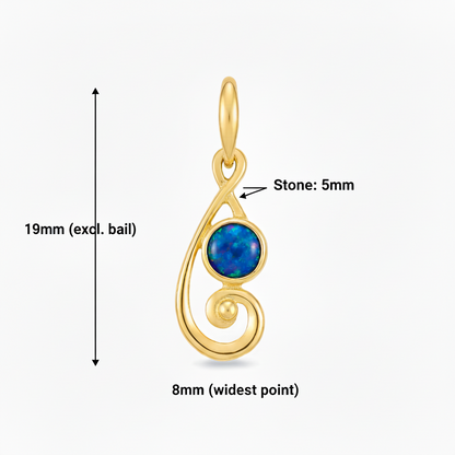 9ct gold swirling scroll memorial pendant size guide – 19x8mm overall, 5mm stone, excl. bail