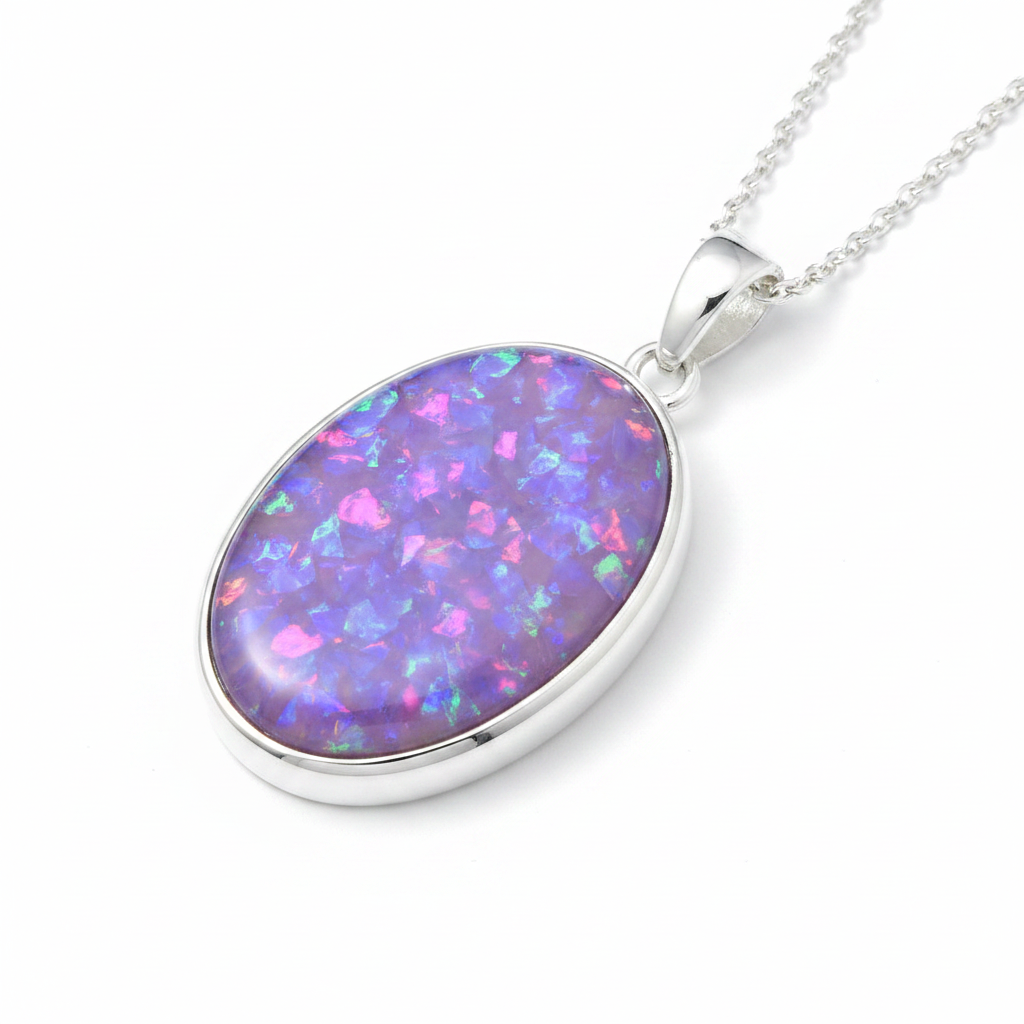 Silver 925 oval locket with lavender purple opal resin fill on white background