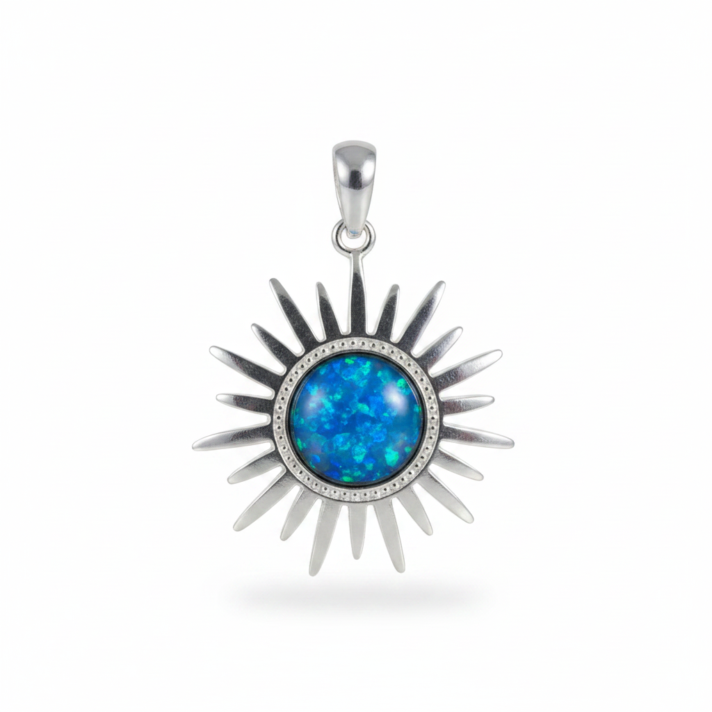 Silver 925 rising sun memorial pendant with blue opal flakes, no chain, white background