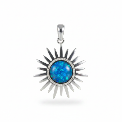 Silver 925 rising sun memorial pendant with blue opal flakes, no chain, white background