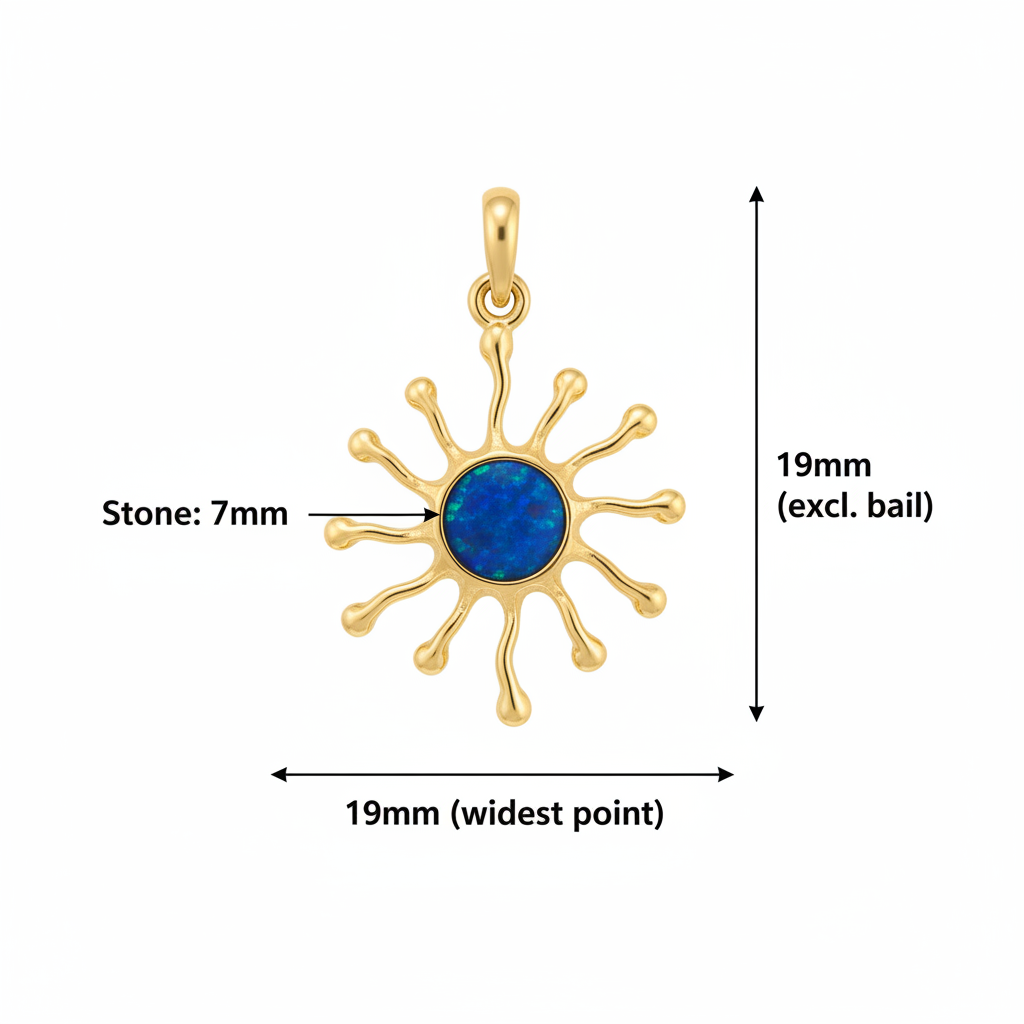 9ct gold sunburst memorial pendant size guide – 19mm overall, 7mm stone area, excl. bail