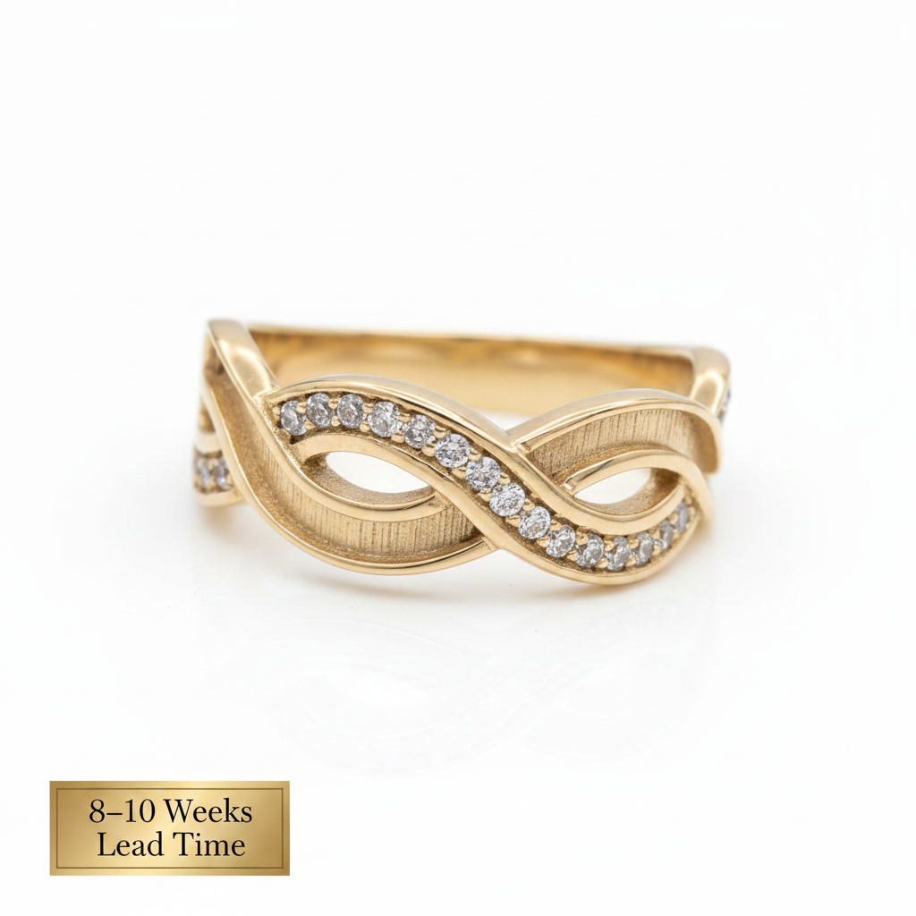 9ct Gold Double Wave CZ Ring — white background, 8-10 weeks lead time sticker