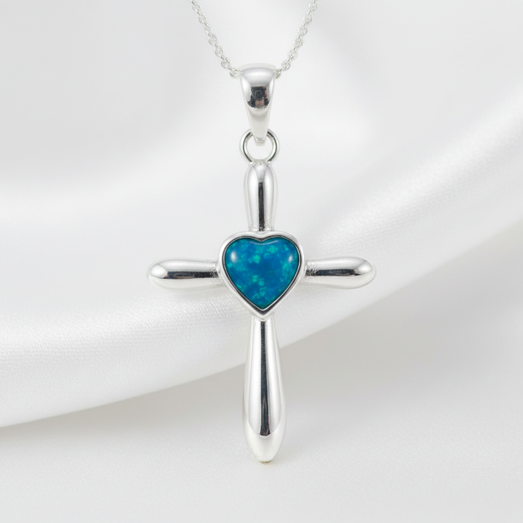 Silver 925 heart cross memorial pendant — blue teal opal flakes resin in 8mm heart-shaped centre setting