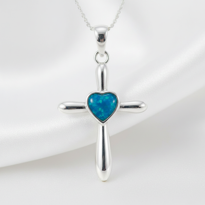 Silver 925 heart cross memorial pendant — blue teal opal flakes resin in 8mm heart-shaped centre setting