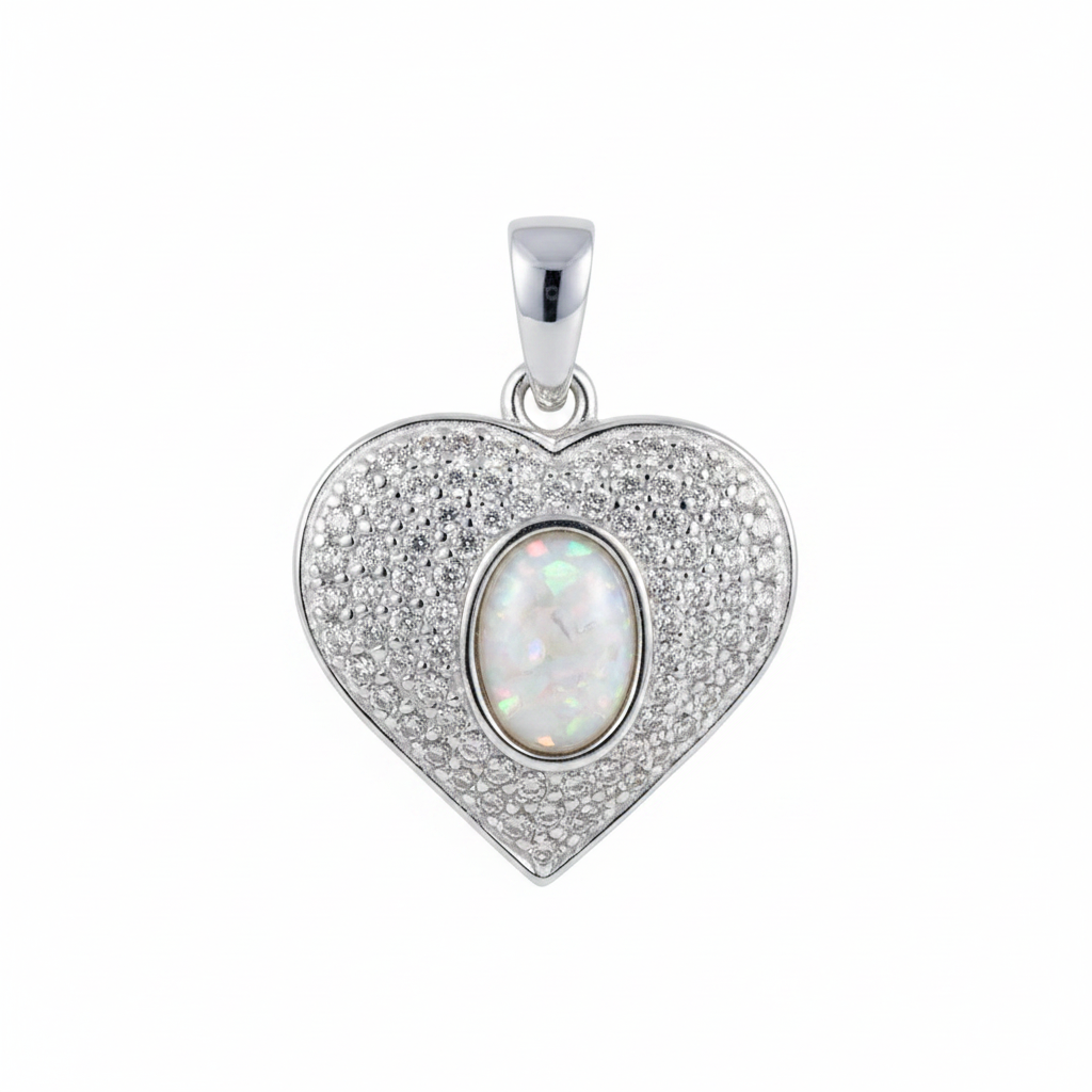 Silver 925 pave CZ heart memorial pendant with white opal and mica, white background
