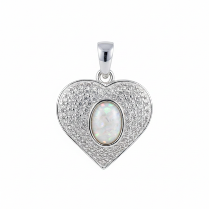Silver 925 pave CZ heart memorial pendant with white opal and mica, white background