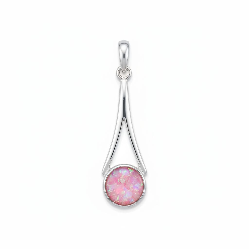 Silver 925 wishbone drop memorial pendant with pink opal flakes, white background