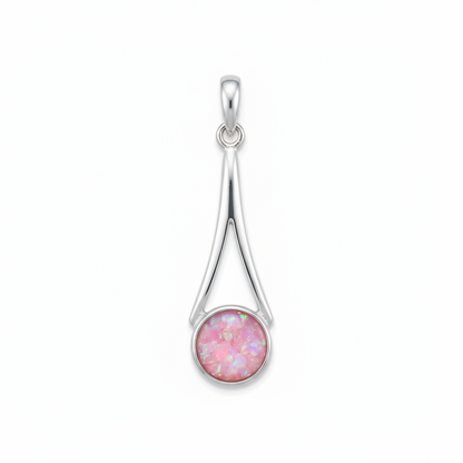 Silver 925 wishbone drop memorial pendant with pink opal flakes, white background