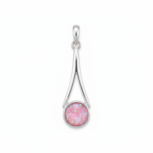 Silver 925 wishbone drop memorial pendant with pink opal flakes, white background