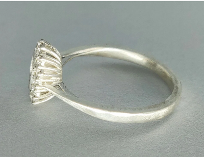 925 sterling silver cushion cut halo memorial ring — side profile showing cathedral shank height and ribbed gallery basket detail
