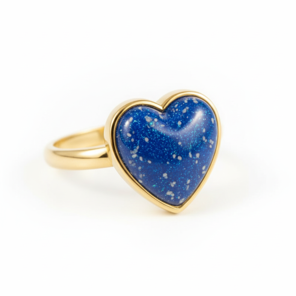9ct gold heart memorial ring with blue mica shimmer and ash inclusions