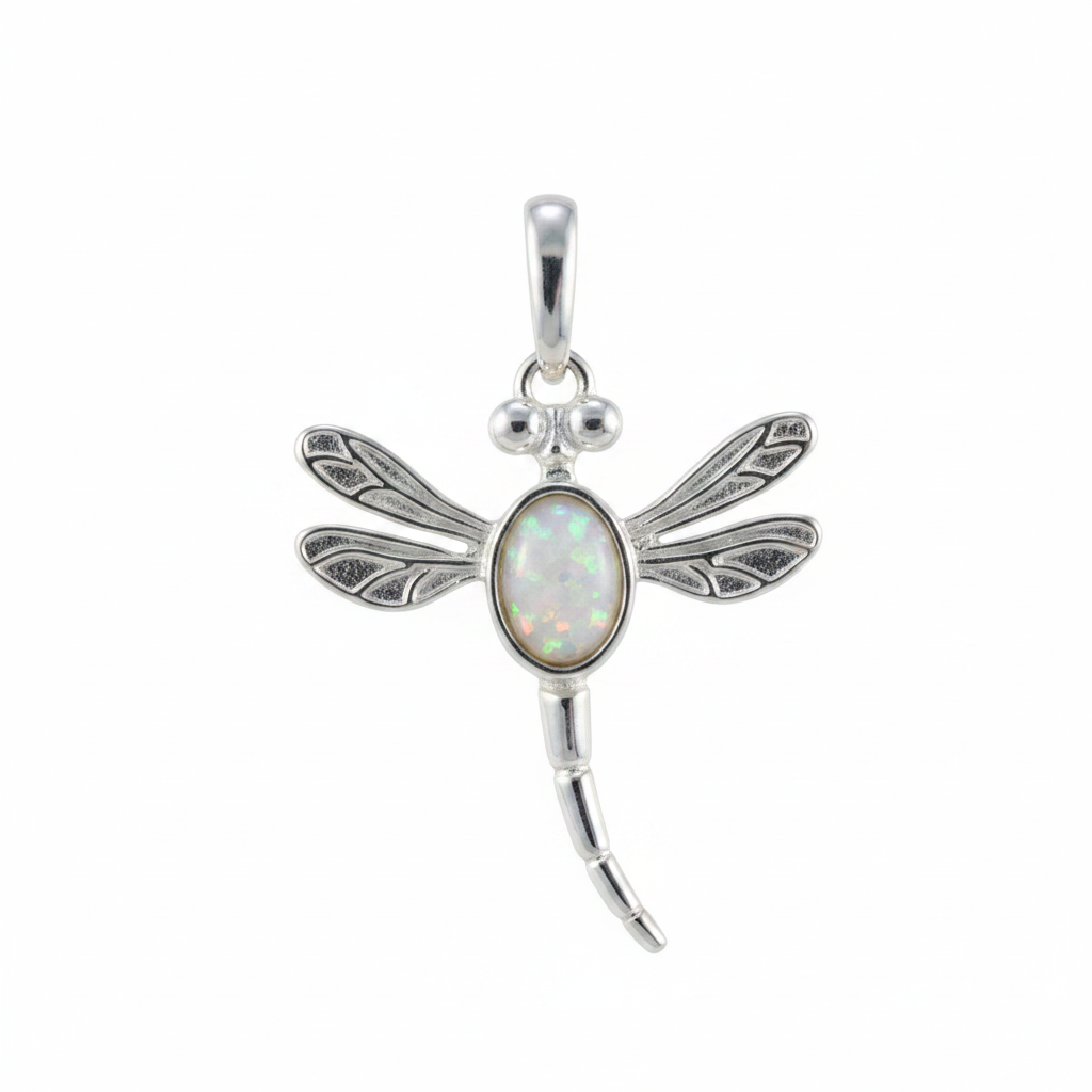 Silver 925 dragonfly memorial pendant with white opal and mica, white background