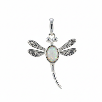 Silver 925 dragonfly memorial pendant with white opal and mica, white background