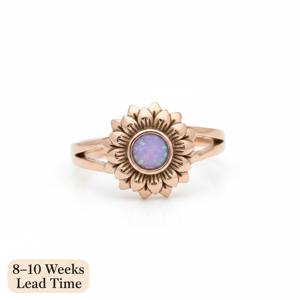 9ct Gold Sunflower Split Shank Ring — lavender opal resin in centre bezel, white background
