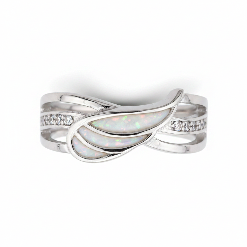 Angel wing CZ 925 silver ring with white pearl opal resin in wing-shaped settings on white background
