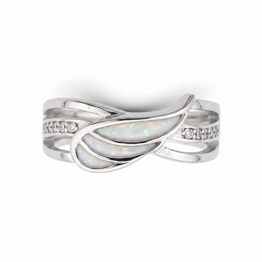 Angel wing CZ 925 silver ring with white pearl opal resin in wing-shaped settings on white background