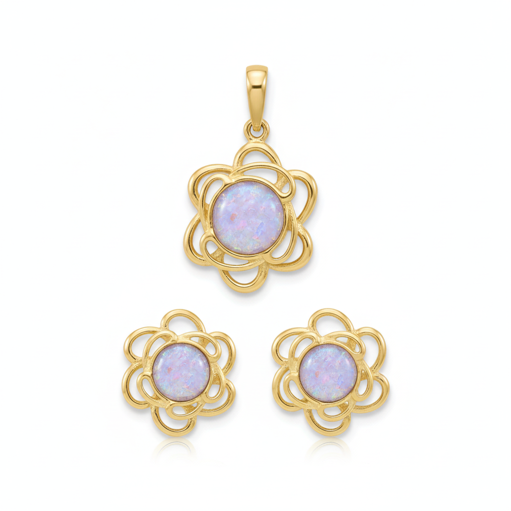 9ct gold open rose flower memorial set — lavender opal pendant and earrings together