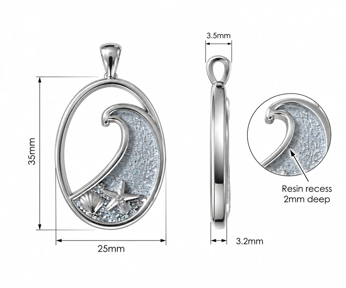 Dimensions guide: pendant 35 mm high, 25 mm wide, 3.2 mm deep, 2 mm resin recess