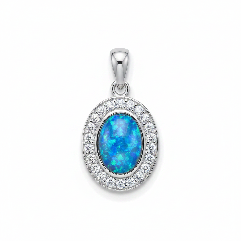 Silver 925 oval halo CZ memorial pendant with blue opal flakes, white background
