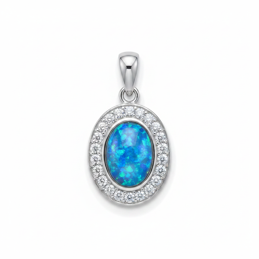 Silver 925 oval halo CZ memorial pendant with blue opal flakes, white background