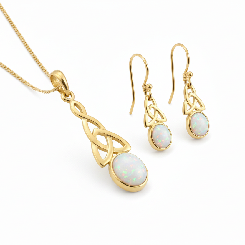9ct gold Celtic memorial jewellery set with white pearl iridescent opal – full set flat-lay white background