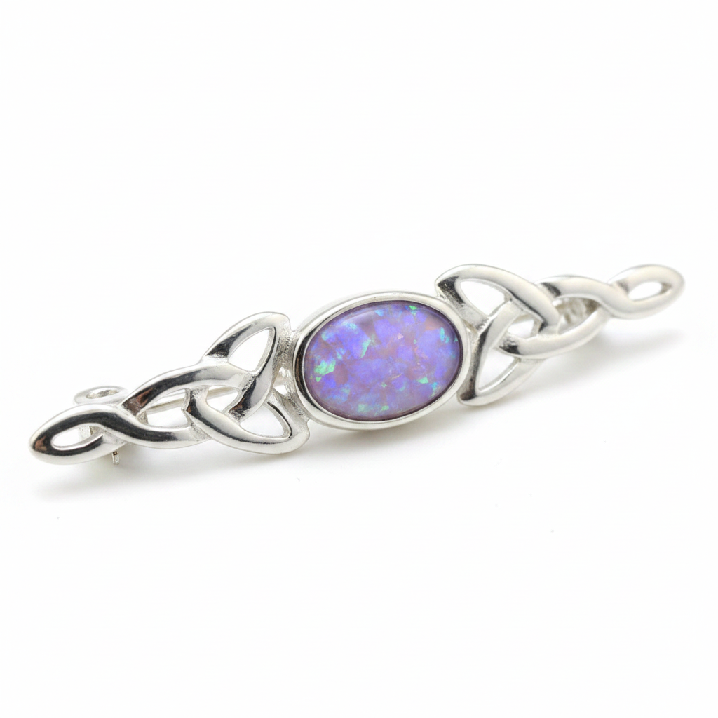 Silver 925 dainty Celtic trinity knot lapel brooch with lavender purple opal resin in 7x5mm central setting on white background