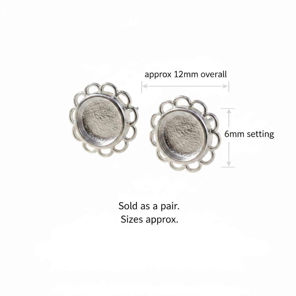 Silver 925 frill edge stud earrings dimensions guide — approx 12mm overall, 6mm solid back setting, sold as pair