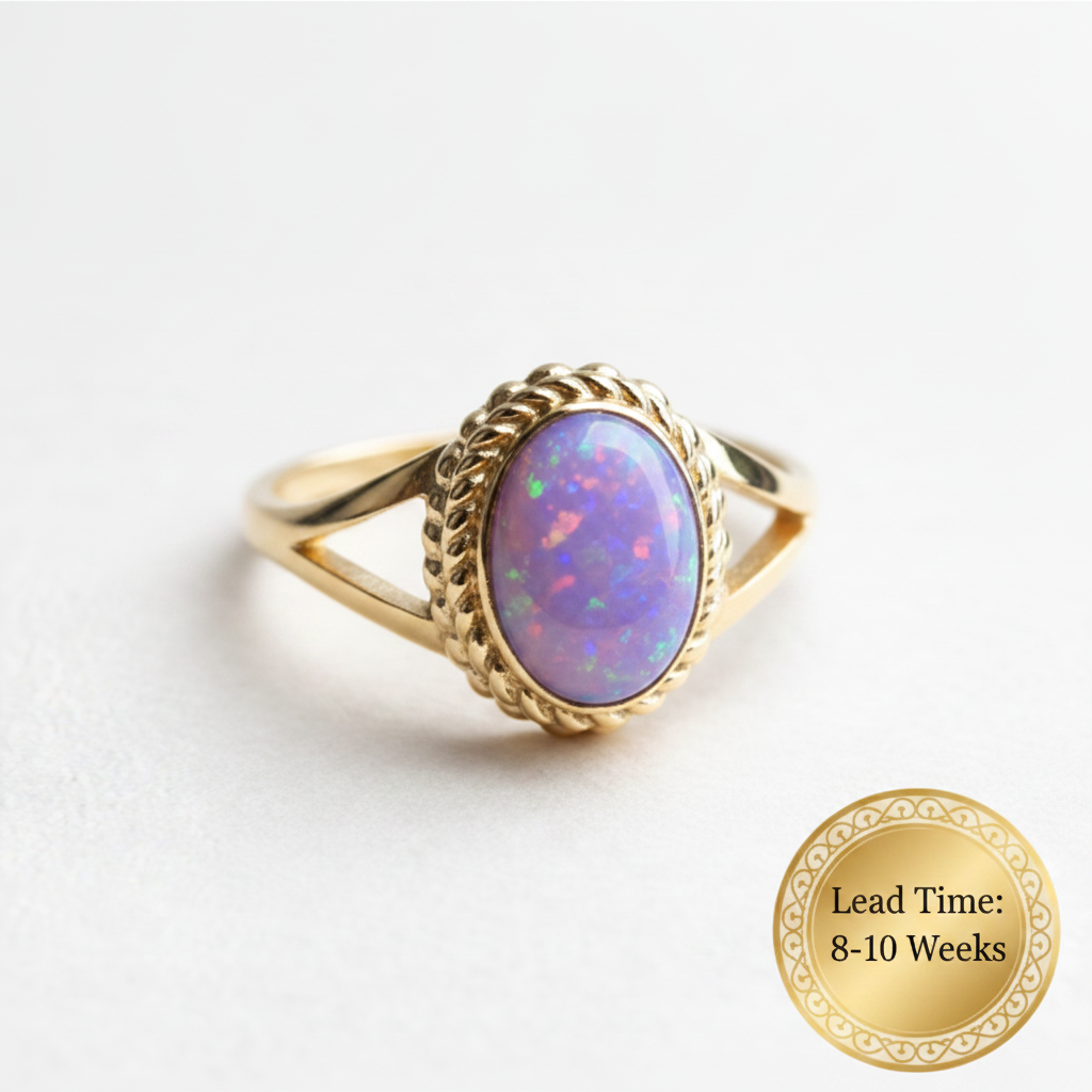 9ct gold oval rope split shank ring with lavender opal resin in oval bezel, white background, lead time 8-10 weeks sticker