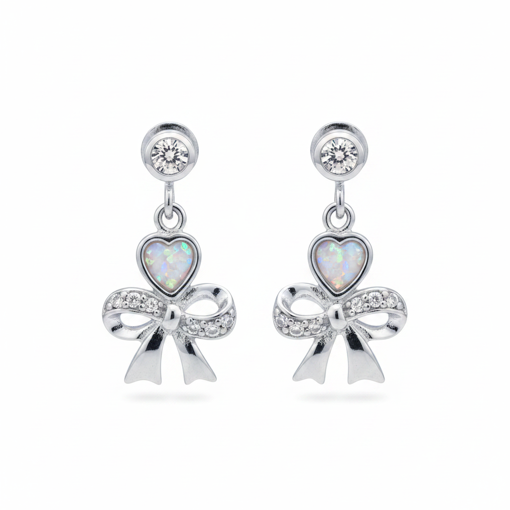 Silver 925 CZ Bow & Heart Drop Memorial Earrings with white pearl opal flakes