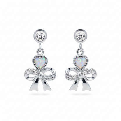 Silver 925 CZ Bow & Heart Drop Memorial Earrings with white pearl opal flakes