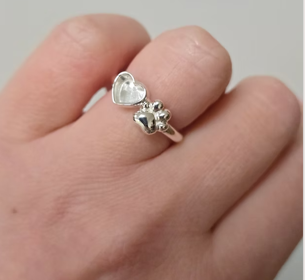 925 sterling silver paw and heart memorial ring worn on finger showing true scale