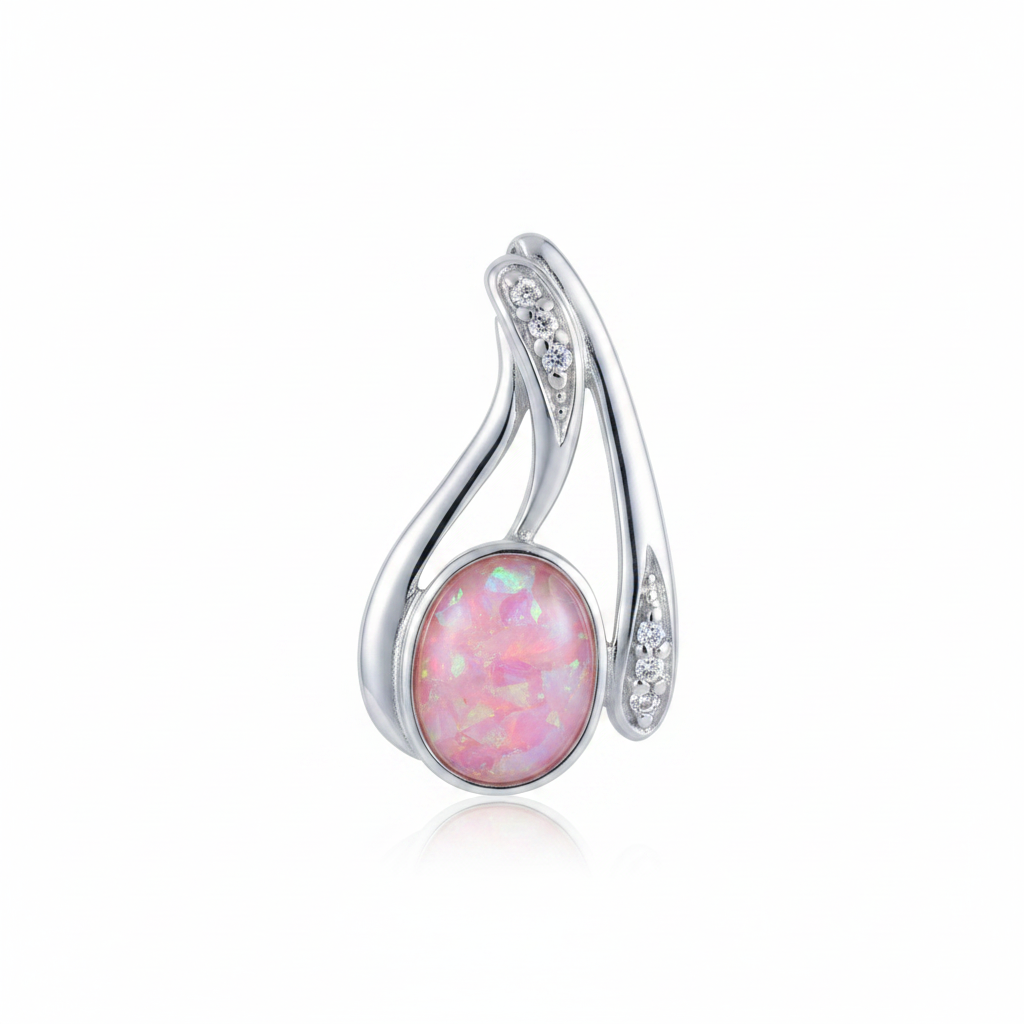 Silver 925 swirl CZ memorial pendant with pink opal flakes, white background