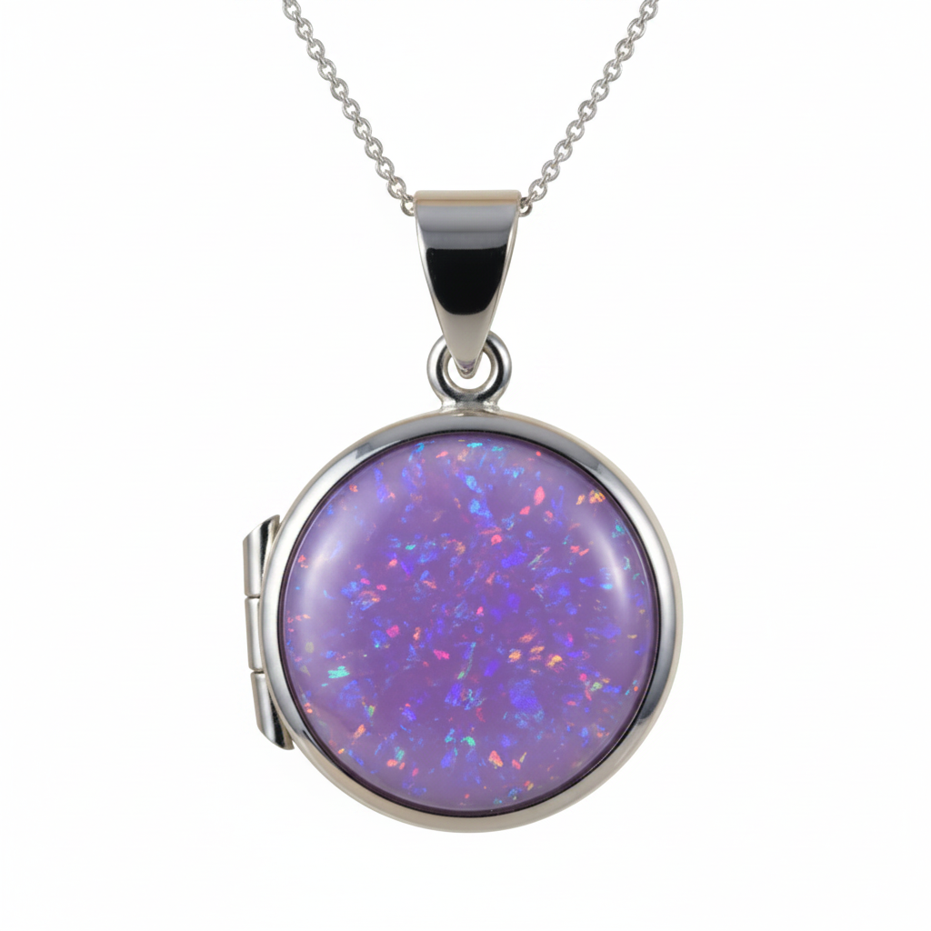 Small round solid silver 925 locket with lavender purple opal resin setting