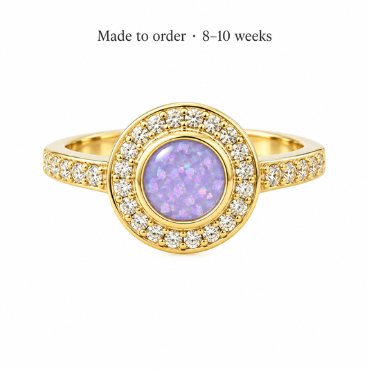 Illustrative 9ct gold Full Halo CZ memorial ring with lavender purple opal resin in the central bezel