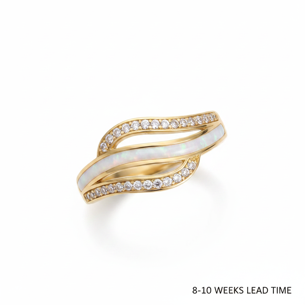 9ct yellow gold crystal triple wave CZ band ring with white pearl opal resin in centre channel, white background, 8-10 weeks lead time