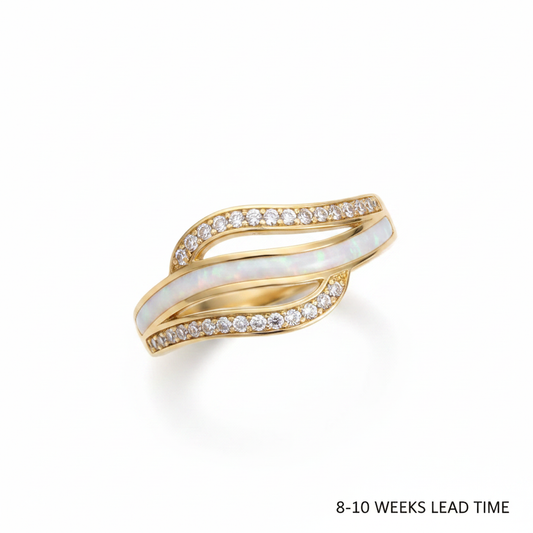 9ct yellow gold crystal triple wave CZ band ring with white pearl opal resin in centre channel, white background, 8-10 weeks lead time