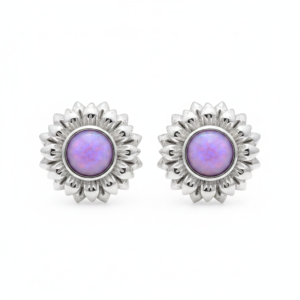 Silver 925 sunflower stud earrings — lavender purple opal resin centre, white background