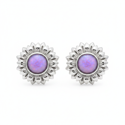 Silver 925 sunflower stud earrings — lavender purple opal resin centre, white background