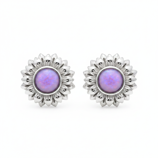 Silver 925 sunflower stud earrings — lavender purple opal resin centre, white background