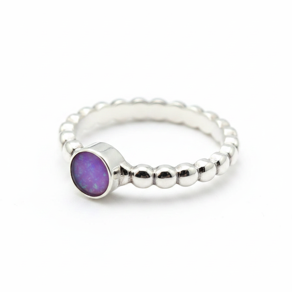 Silver 925 bobble shank memorial ring — lavender purple opal flakes resin in 5mm round setting, continuous bobble bubble beaded shank