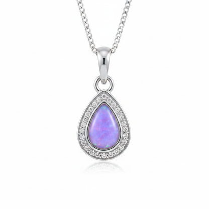 Pear CZ 925 Silver Memorial Pendant with lavender purple opal resin inclusion — white background