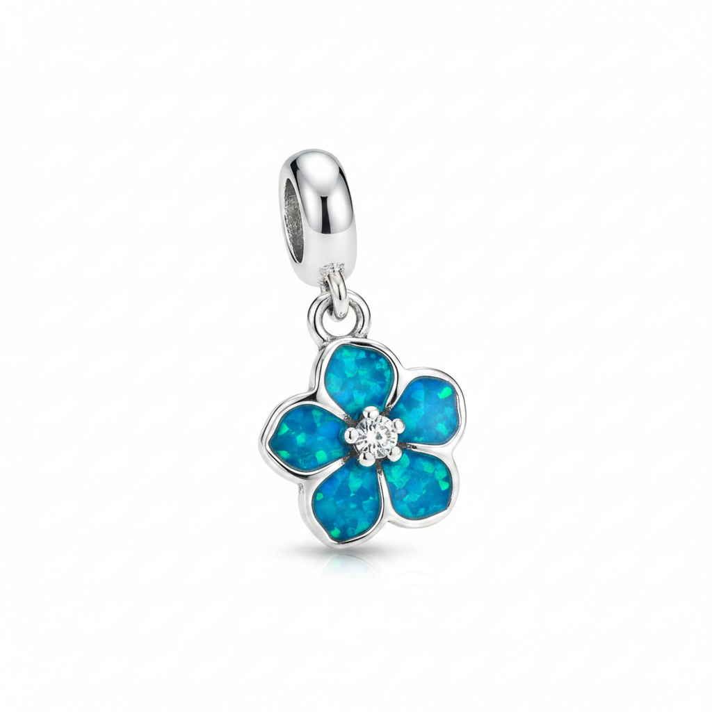 Forget-me-not 925 sterling silver dangle charm with blue teal opal resin petals - memorial keepsake