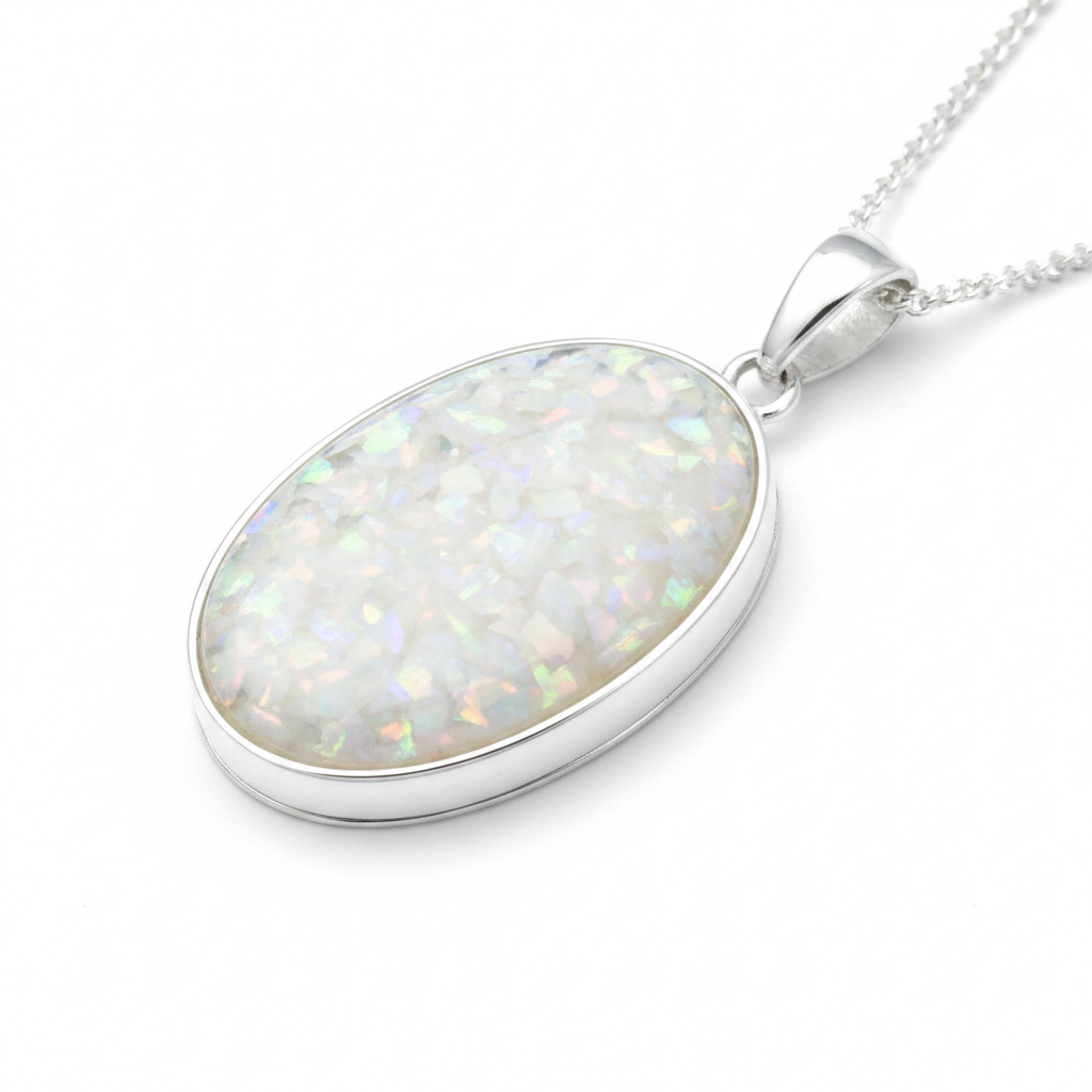 Silver 925 oval locket with white pearl opal resin fill on white background